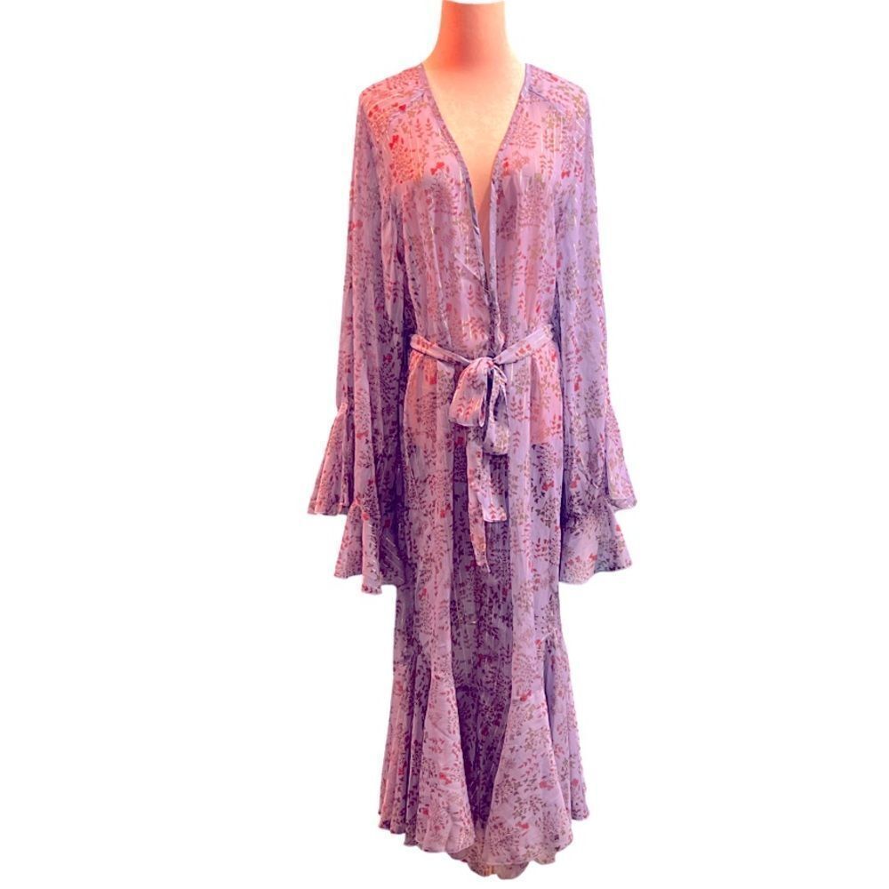 Lavender Floral Sheer Tie-Waist Kimono Tunic - Picture 13 of 15